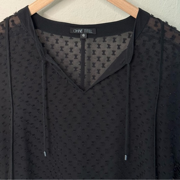 OHNE TITLE Rare Sheer Swiss Dot Loose Fit Black Blouse Tie Neck 3/4 Sleeves Sz 6 - Picture 7 of 15